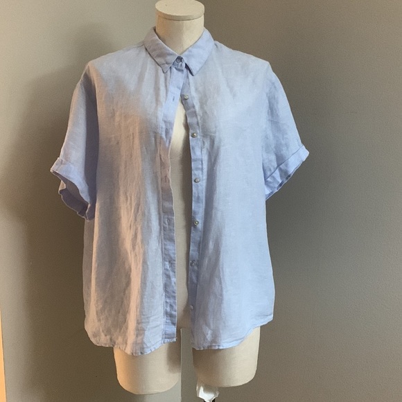 TAHARI Women’s Linen Button Down Hem Roll Up Short Sleeve Shirt Size L - Picture 3 of 9